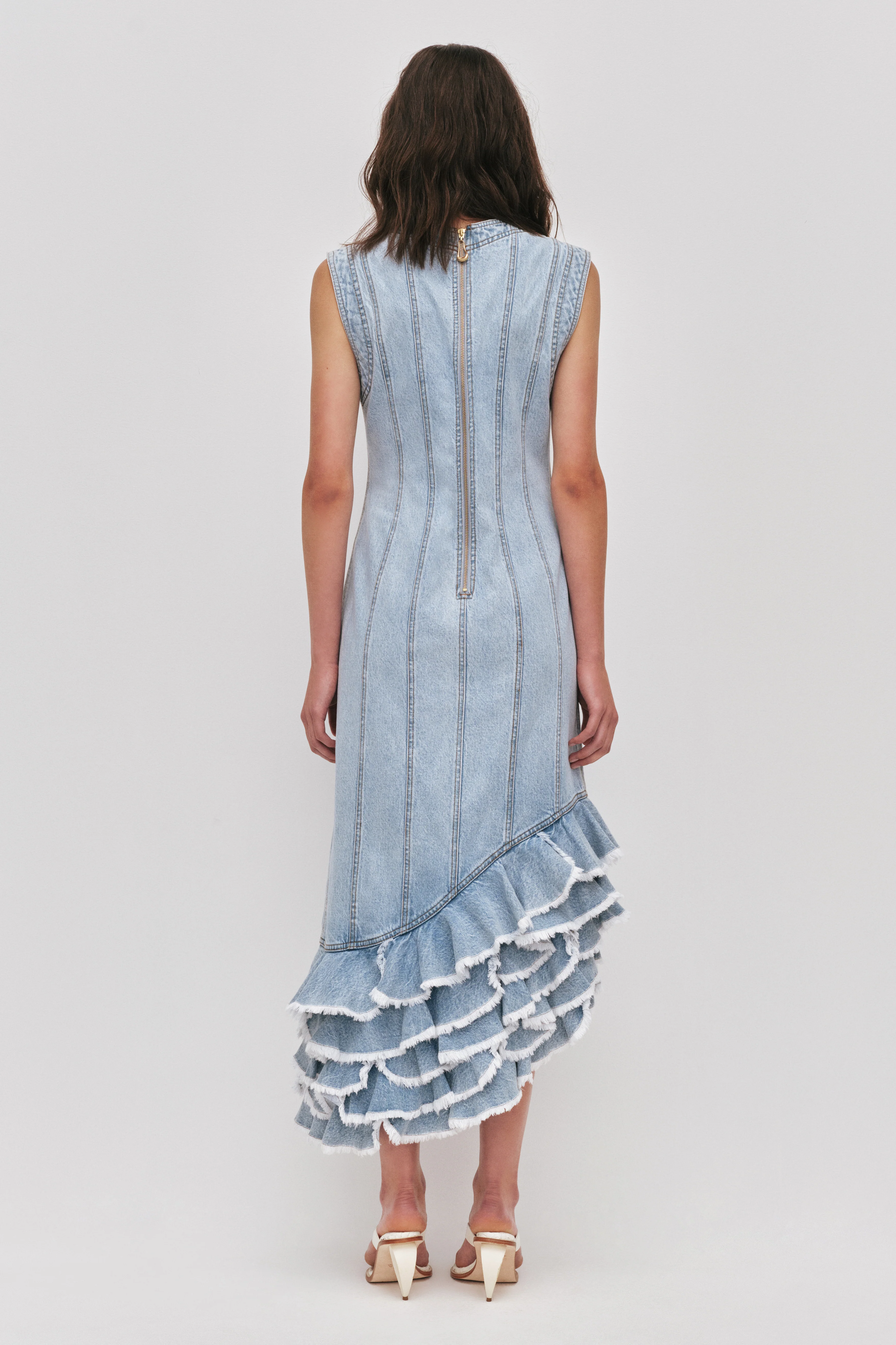 Tia Ruffle Denim Midi Dress