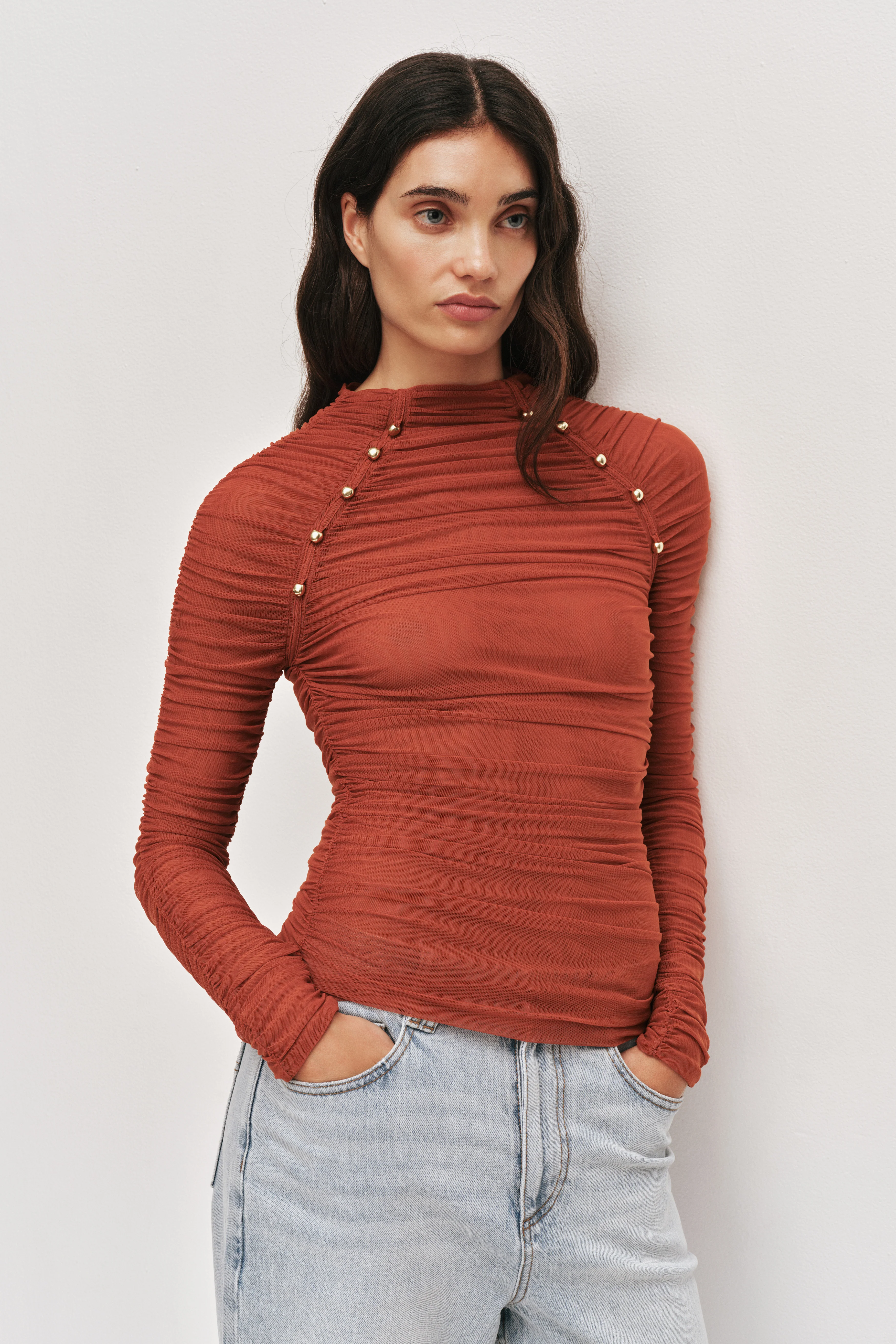 Carline Gathered Mesh Top