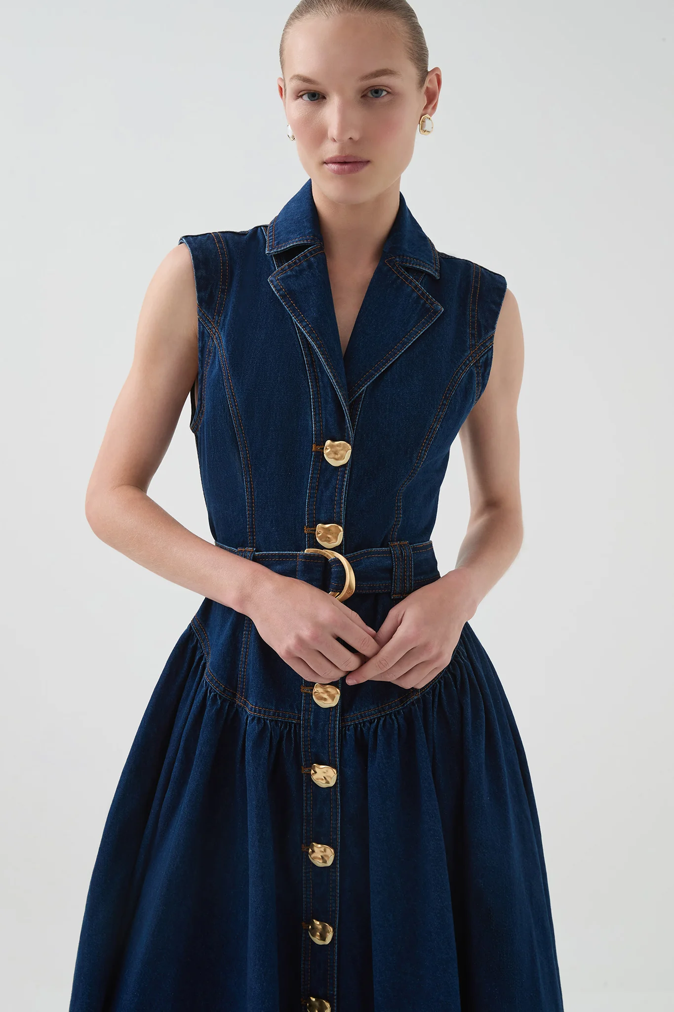 Elena Belted Denim Midi Dress
