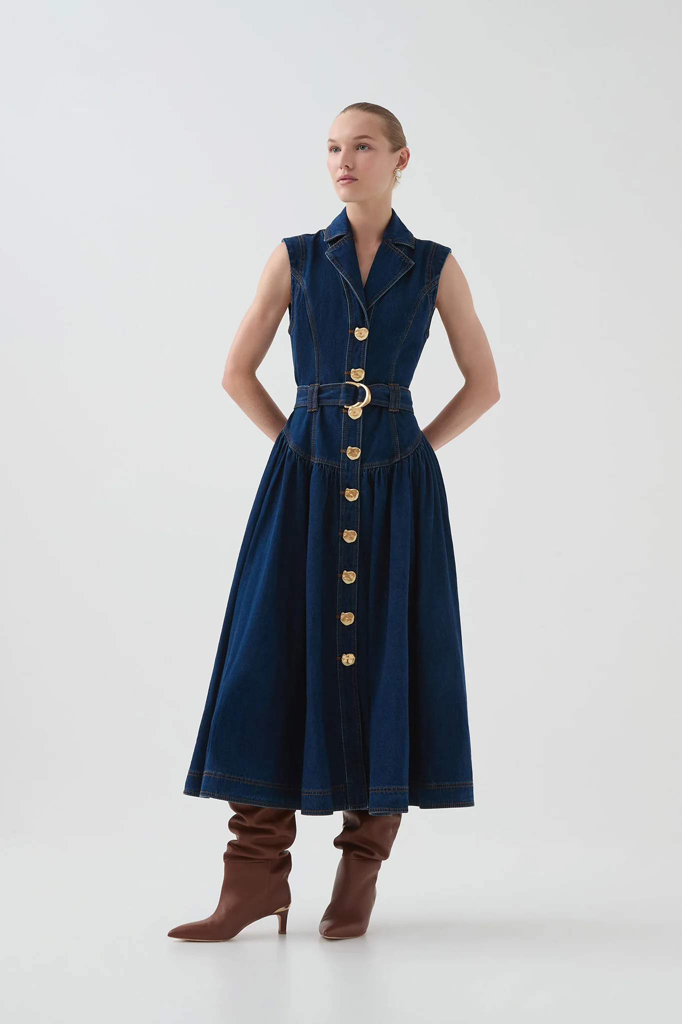 Elena Belted Denim Midi Dress